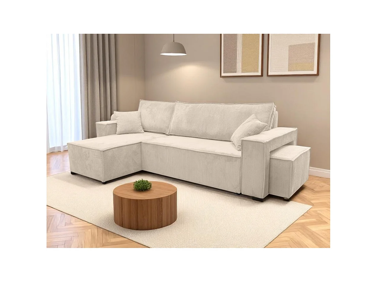 Canapé FARAH d'angle réversible et convertible 4 places avec un pouf en velours côtelé - Beige