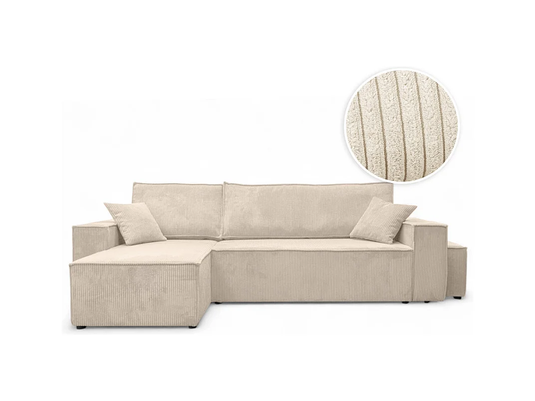 Canapé FARAH d'angle réversible et convertible 4 places avec un pouf en velours côtelé - Beige
