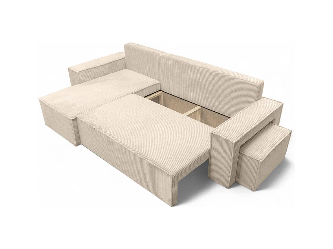 Canapé FARAH d'angle réversible et convertible 4 places avec un pouf en velours côtelé - Beige
