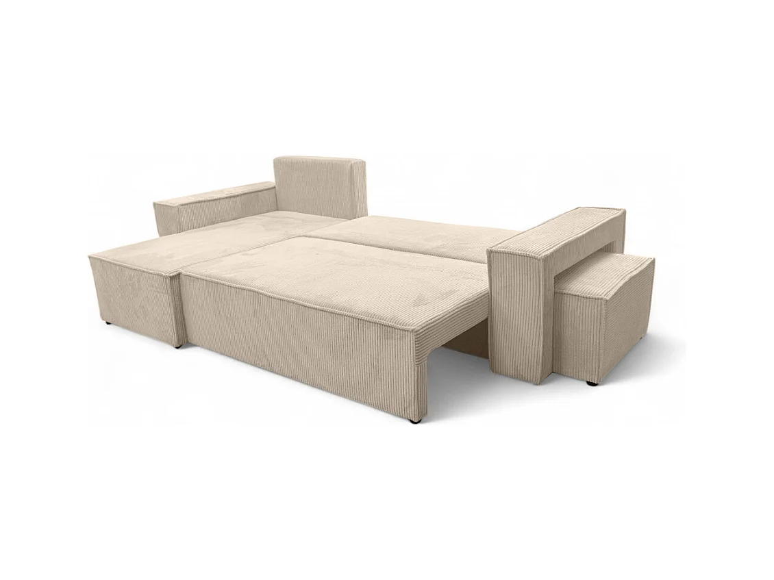 Canapé FARAH d'angle réversible et convertible 4 places avec un pouf en velours côtelé - Beige