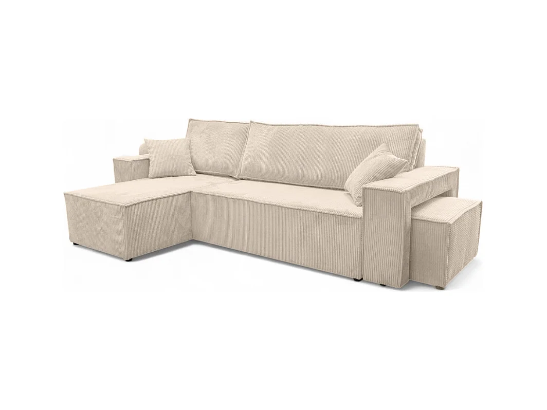 Canapé FARAH d'angle réversible et convertible 4 places avec un pouf en velours côtelé - Beige
