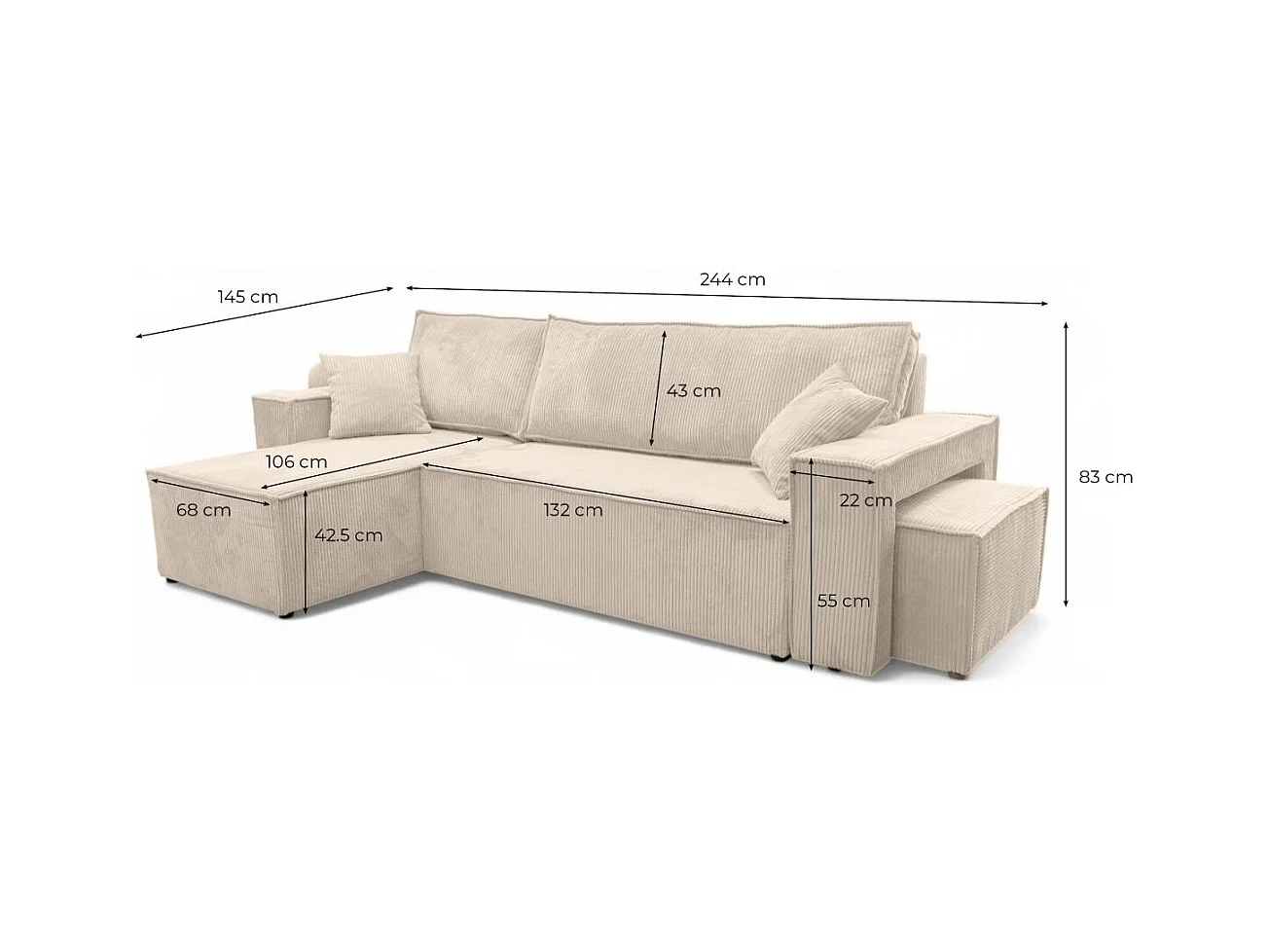 Canapé FARAH d'angle réversible et convertible 4 places avec un pouf en velours côtelé - Beige