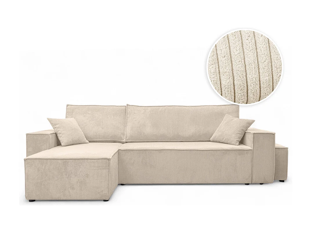Canapé FARAH d'angle réversible et convertible 4 places avec un pouf en velours côtelé - Beige