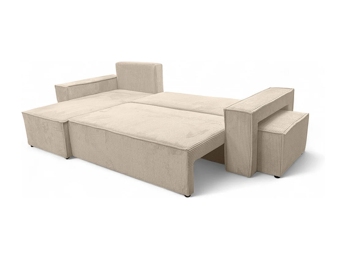 Canapé FARAH d'angle réversible et convertible 4 places avec un pouf en velours côtelé - Beige