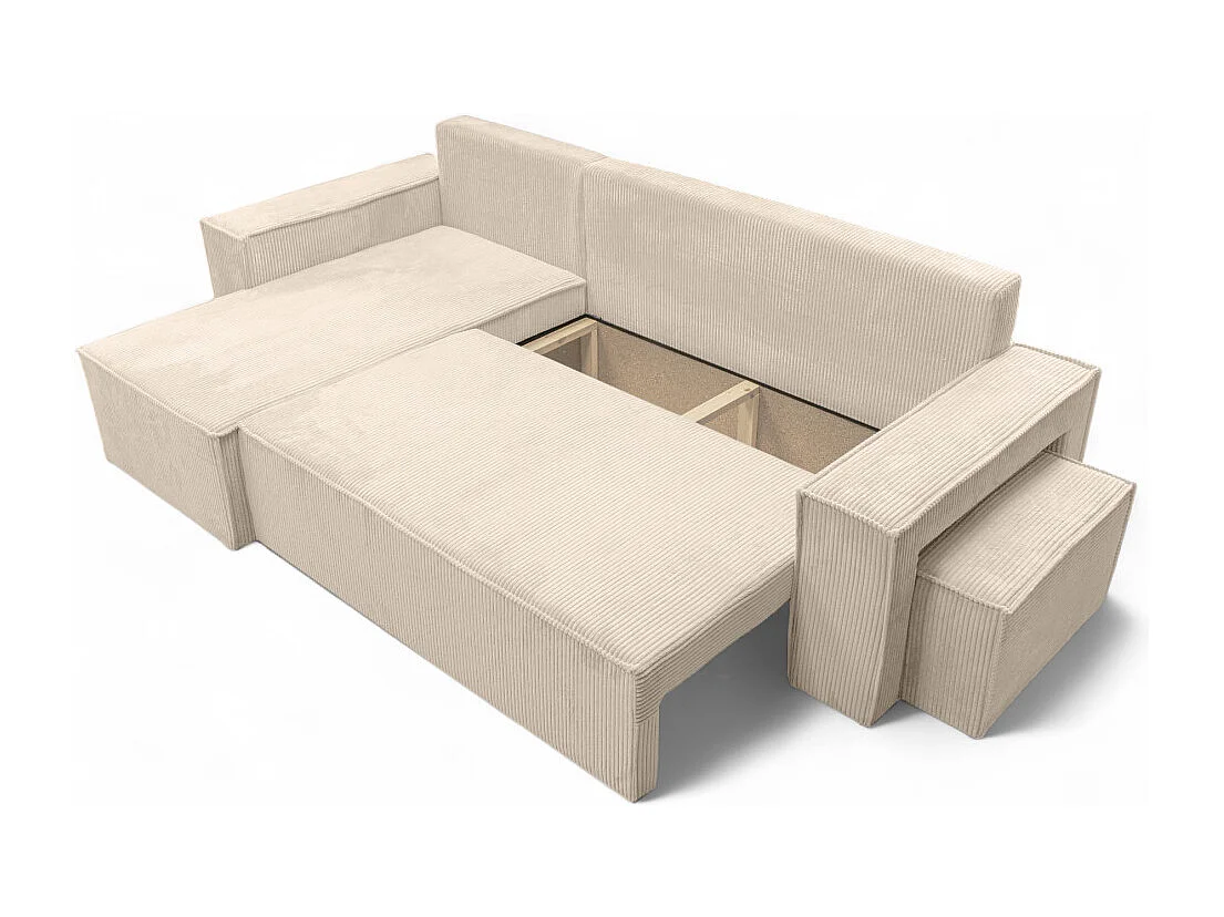 Canapé FARAH d'angle réversible et convertible 4 places avec un pouf en velours côtelé - Beige