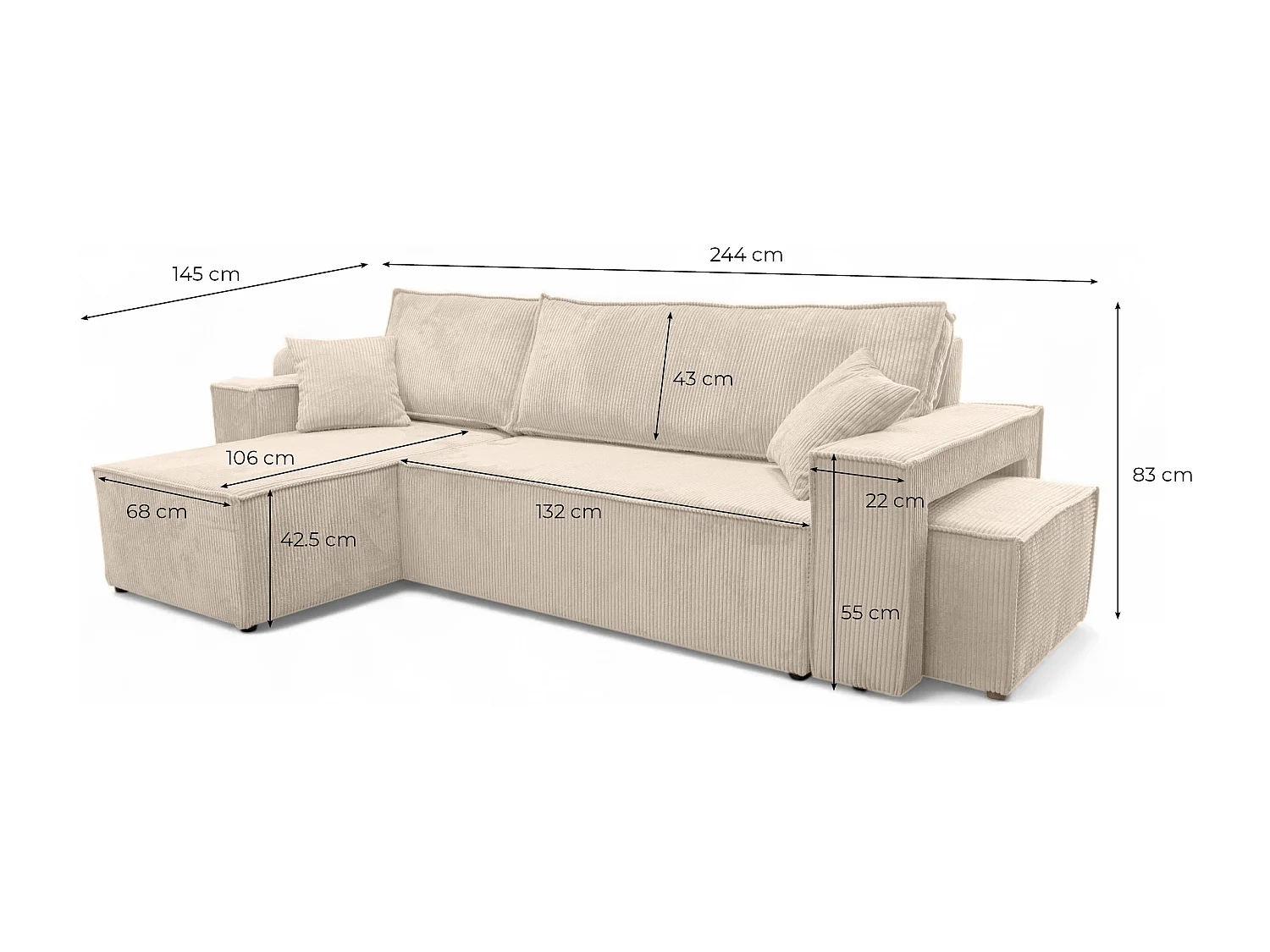 Canapé FARAH d'angle réversible et convertible 4 places avec un pouf en velours côtelé - Beige