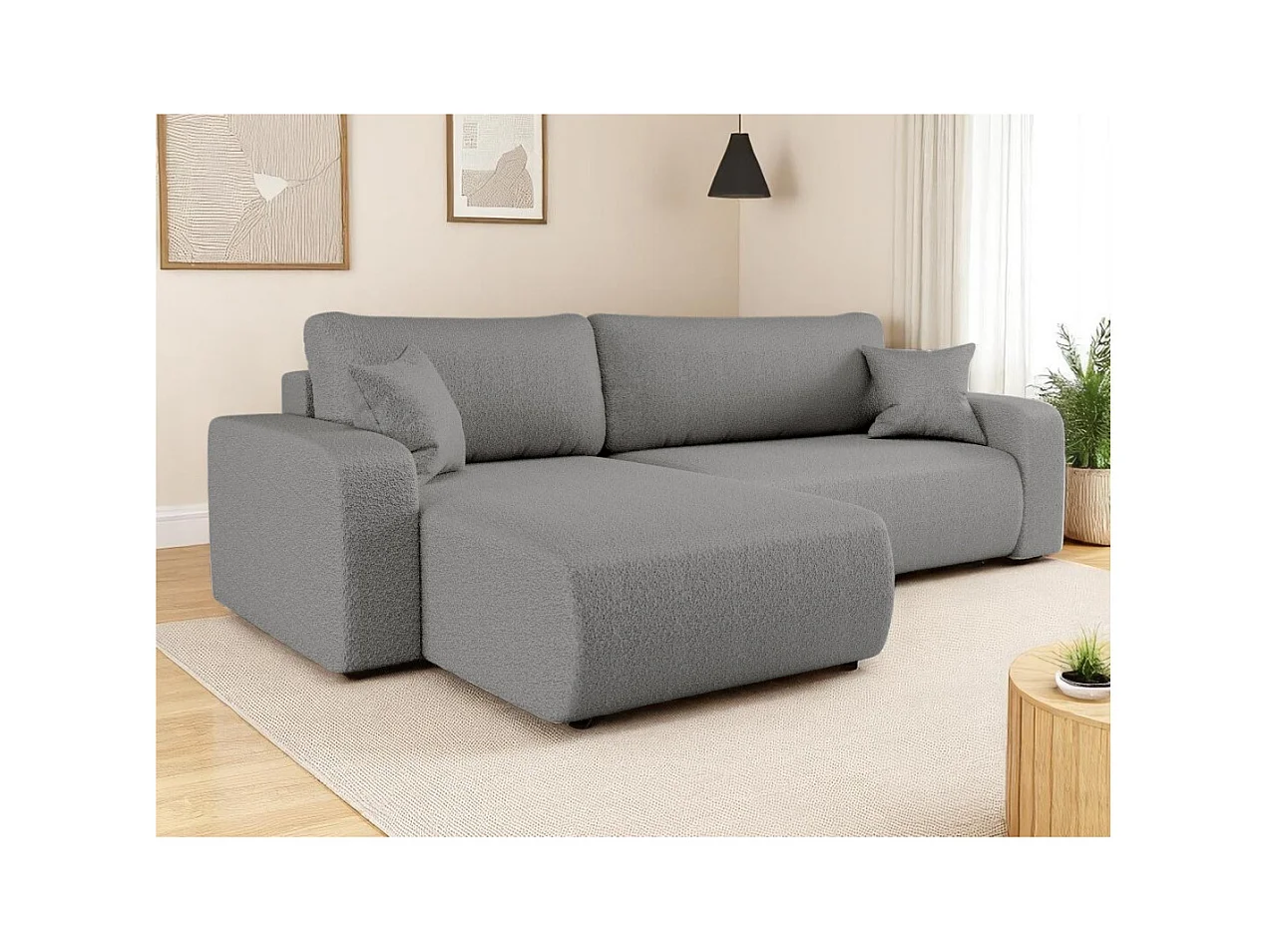 Canapé ALYA d'angle max réversible et convertible 5 places en tissu bouclette - Gris