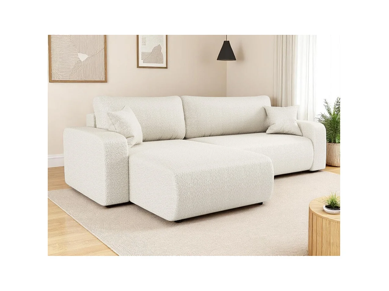 Canapé ALYA d'angle max réversible et convertible 5 places en tissu bouclette - Blanc