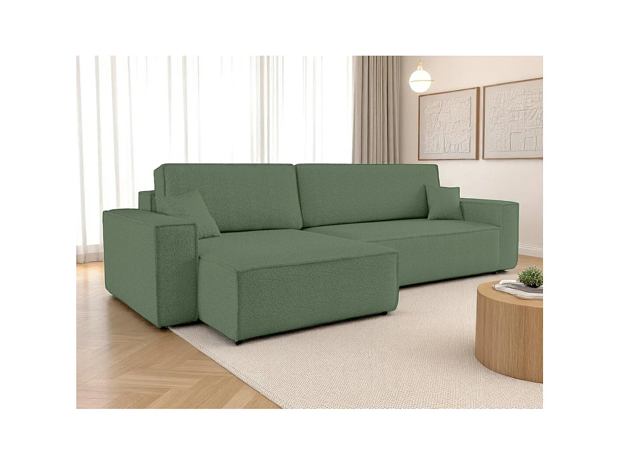 Canapé FARAH d'angle max réversible et convertible 5 places en tissu bouclette - Vert