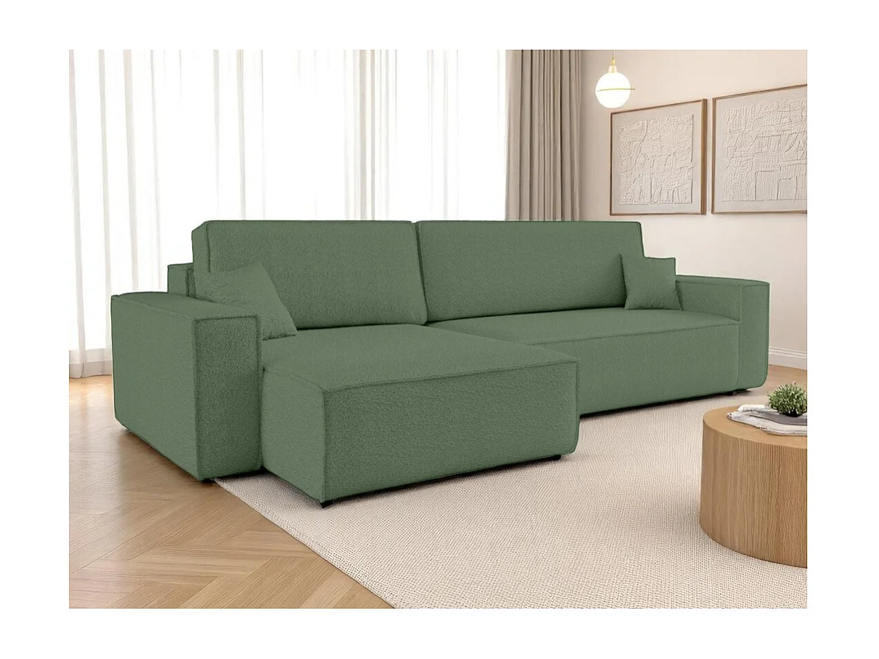 Canapé FARAH d'angle max réversible et convertible 5 places en tissu bouclette - Vert