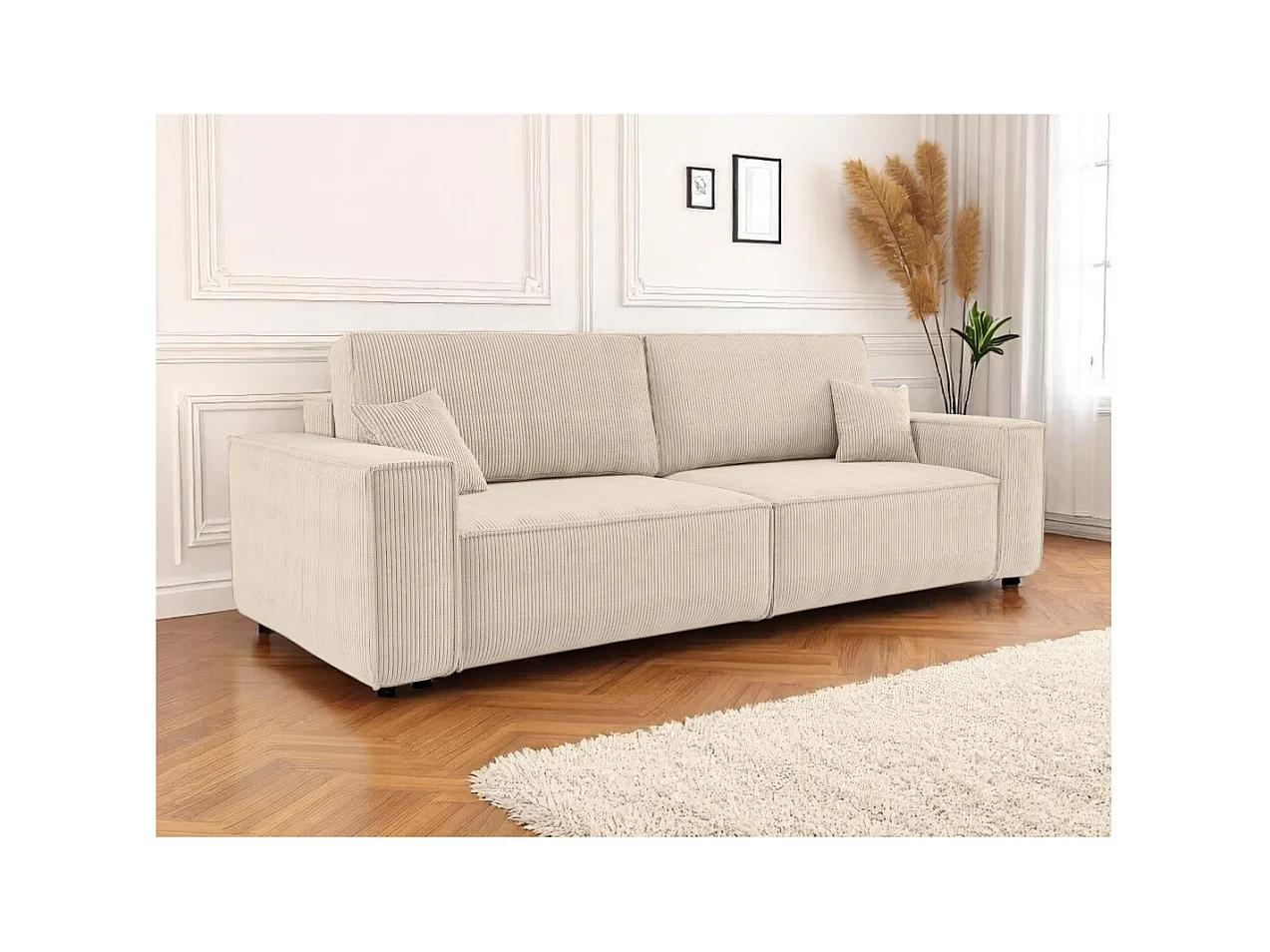 Canapé droit 3 places FARAH convertible en velours côtelé - Beige