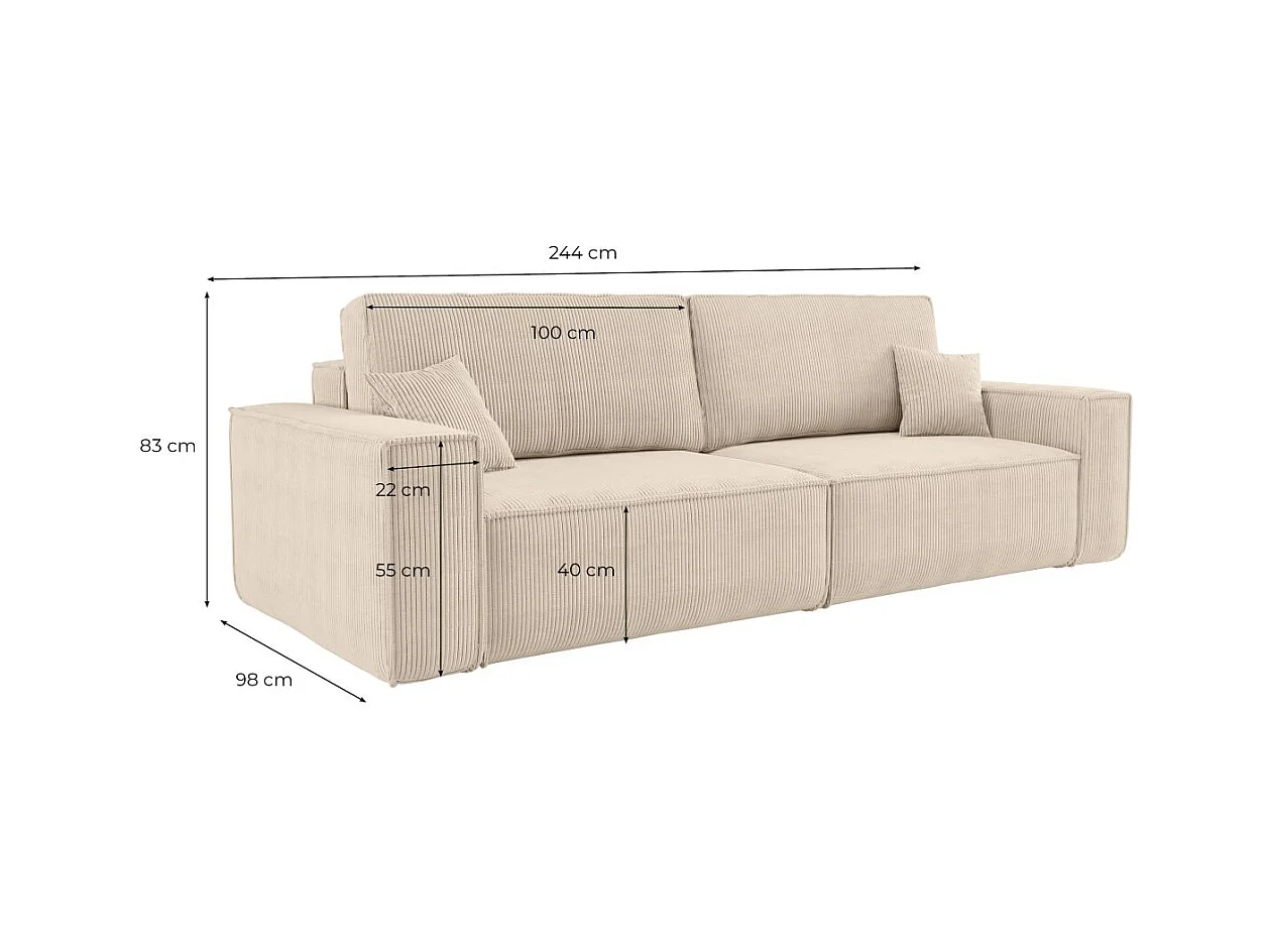 Canapé droit 3 places FARAH convertible en velours côtelé - Beige