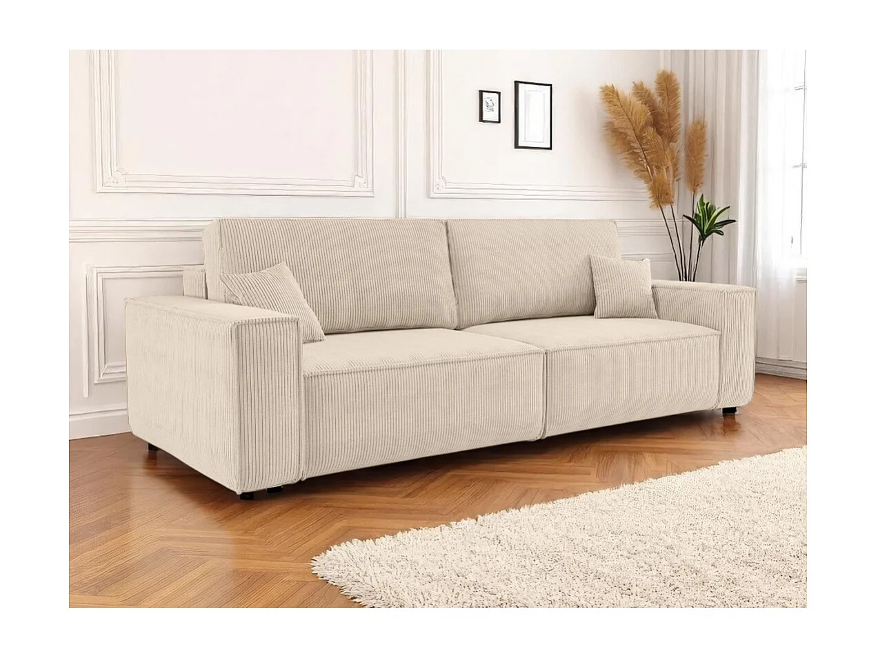 Canapé droit 3 places FARAH convertible en velours côtelé - Beige