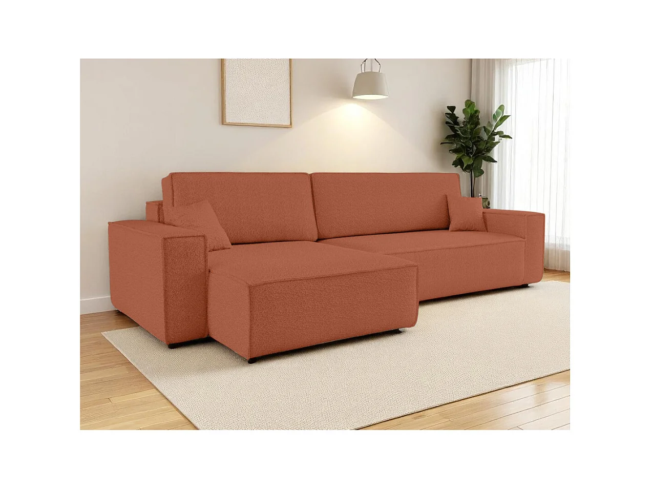 Canapé FARAH d'angle max réversible et convertible 5 places en tissu bouclette - Terracotta