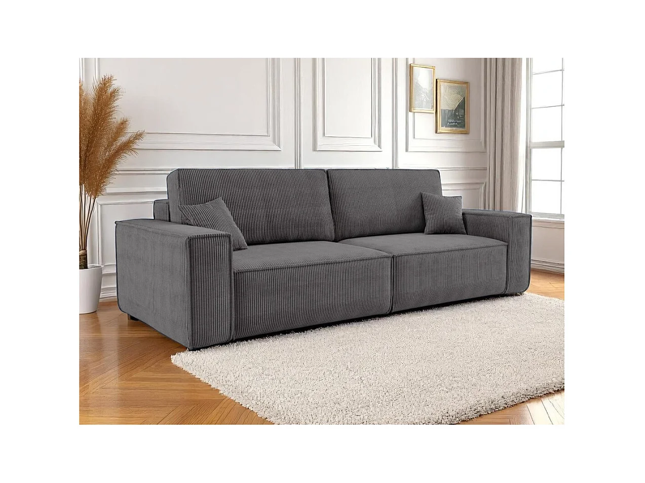 Canapé droit 3 places FARAH convertible en velours côtelé - Gris