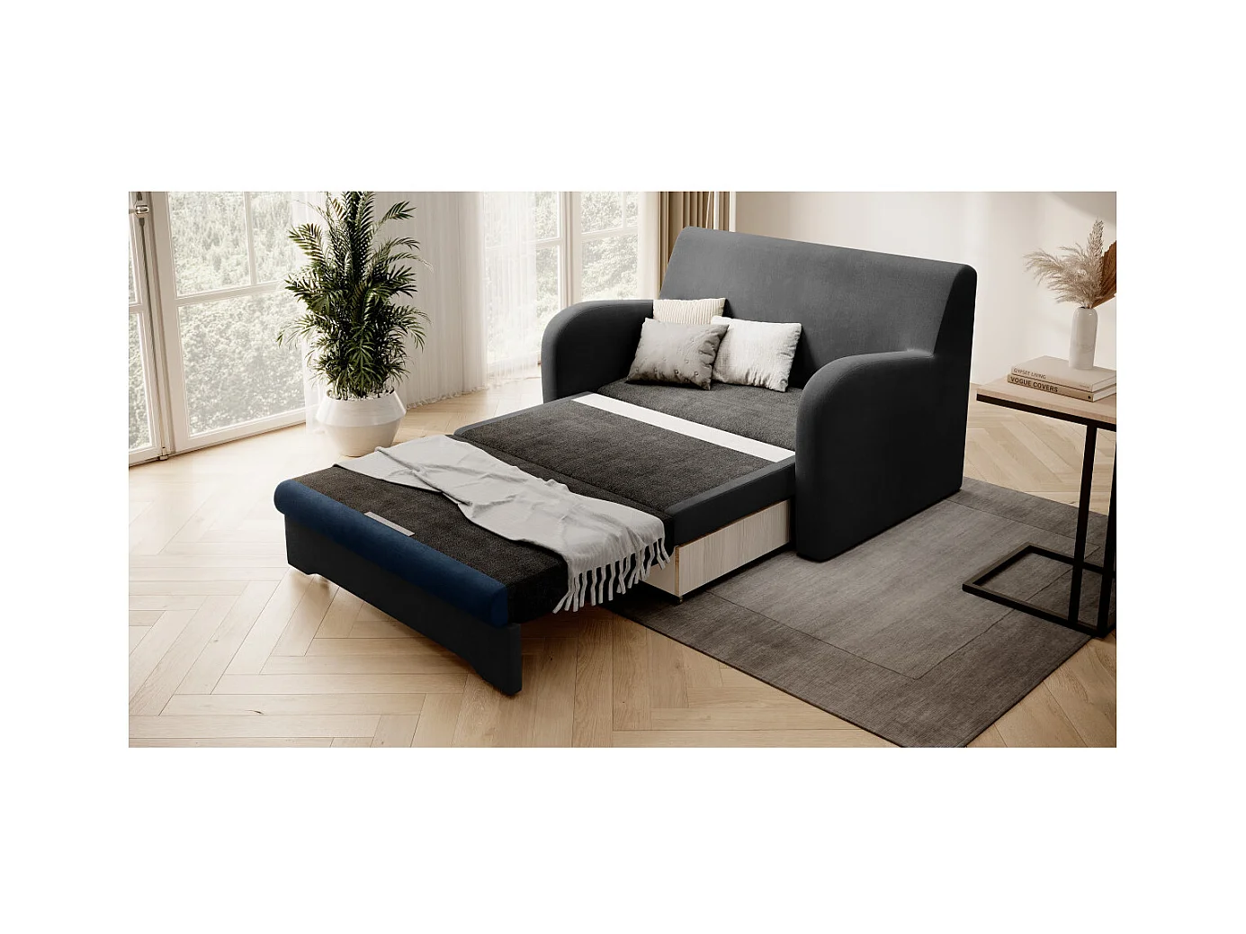 Canapé convertible 2 places SELMA en tissu - Gris/Bleu