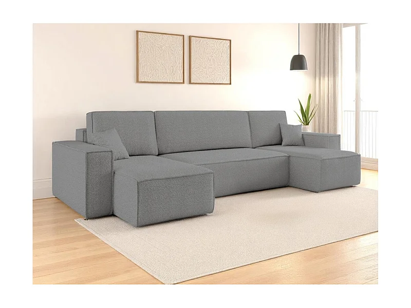 Canapé d'angle FARAH panoramique convertible 6 places en tissu bouclette - Gris anthracite