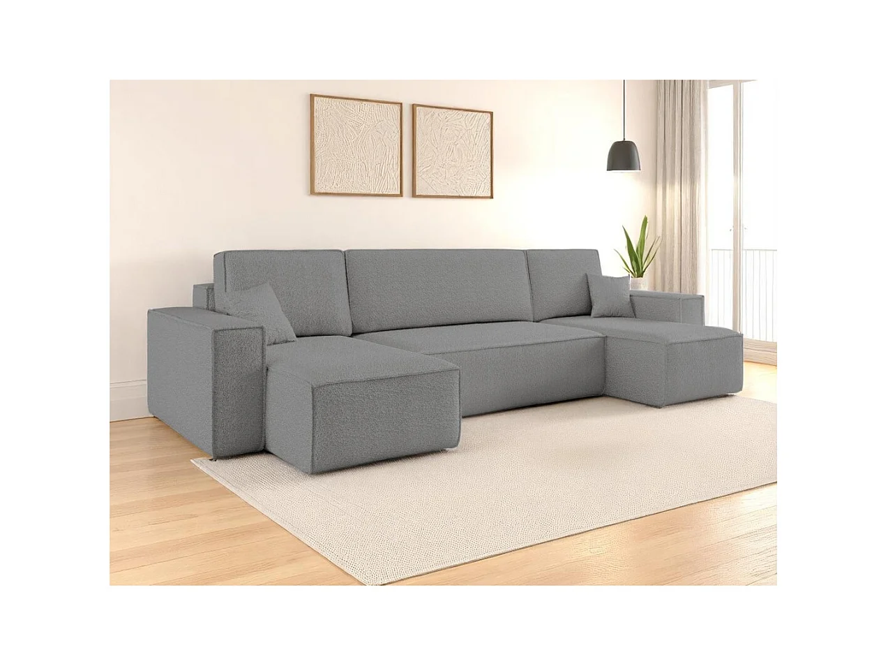 Canapé d'angle FARAH panoramique convertible 6 places en tissu bouclette - Gris anthracite