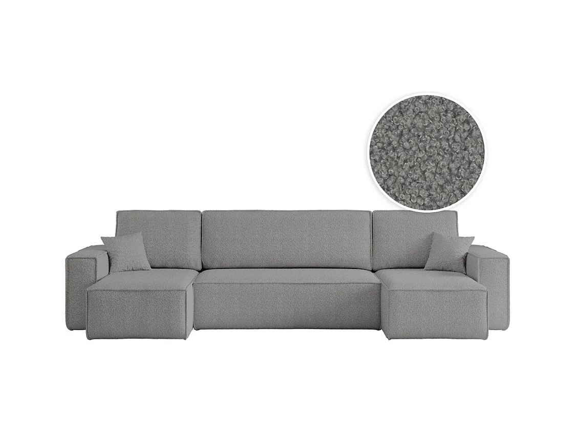 Canapé d'angle FARAH panoramique convertible 6 places en tissu bouclette - Gris anthracite