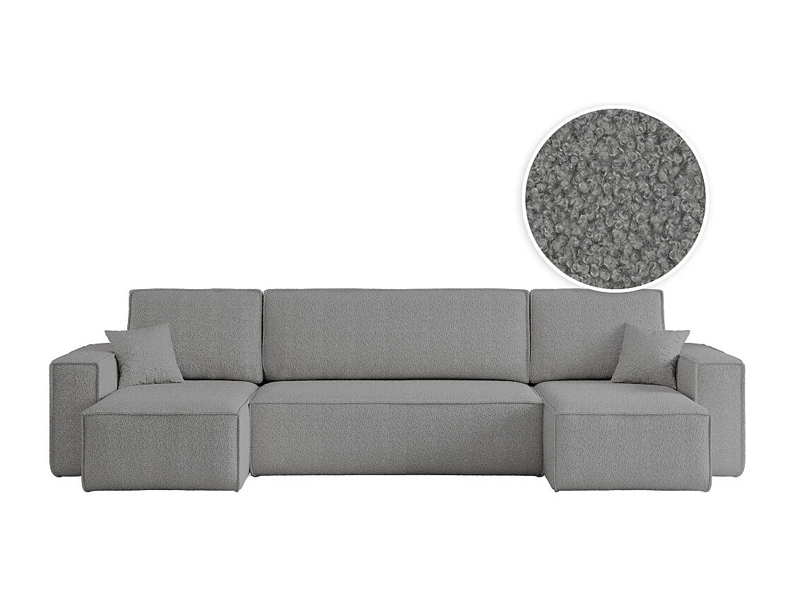 Canapé d'angle FARAH panoramique convertible 6 places en tissu bouclette - Gris anthracite
