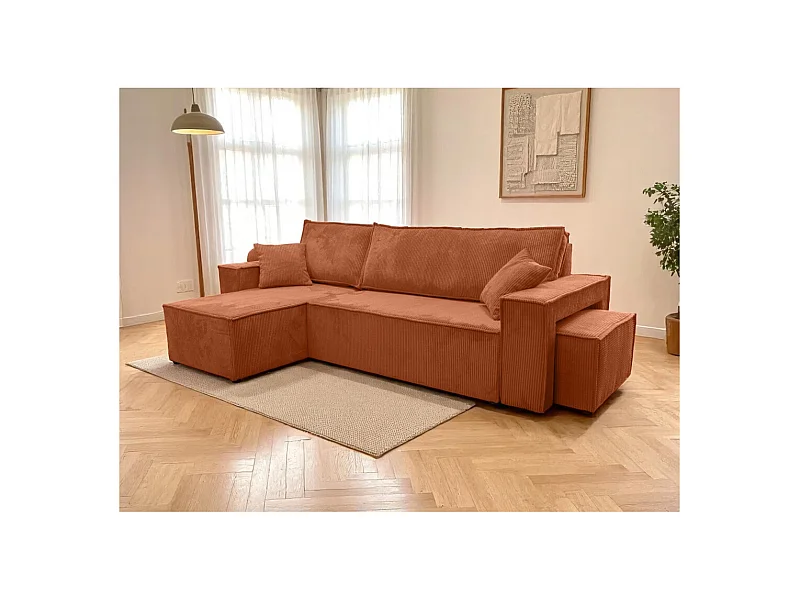 Canapé FARAH d'angle réversible et convertible 4 places avec un pouf en velours côtelé - Terracotta