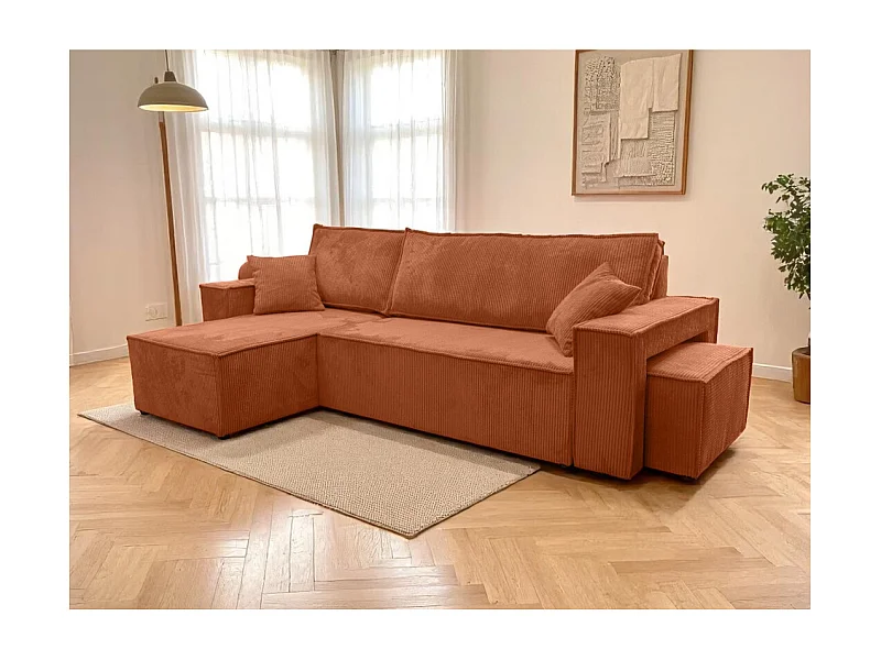 Canapé FARAH d'angle réversible et convertible 4 places avec un pouf en velours côtelé - Terracotta