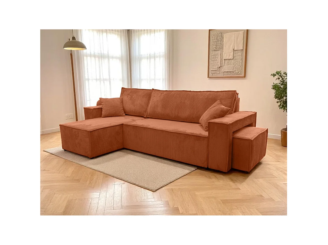 Canapé FARAH d'angle réversible et convertible 4 places avec un pouf en velours côtelé - Terracotta