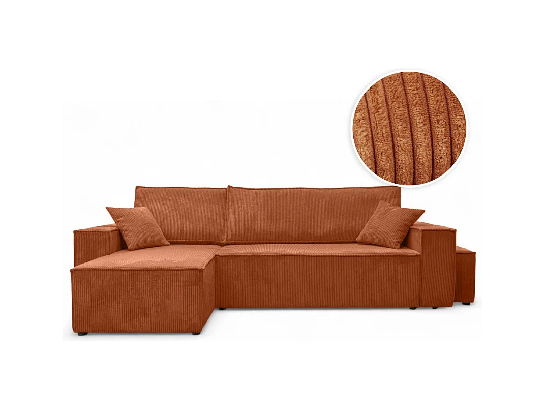 Canapé FARAH d'angle réversible et convertible 4 places avec un pouf en velours côtelé - Terracotta