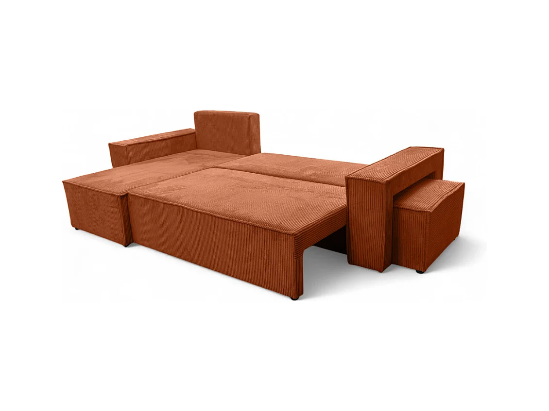 Canapé FARAH d'angle réversible et convertible 4 places avec un pouf en velours côtelé - Terracotta