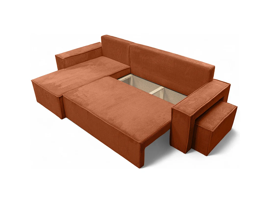 Canapé FARAH d'angle réversible et convertible 4 places avec un pouf en velours côtelé - Terracotta