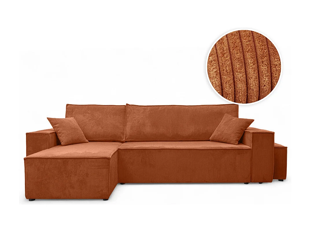 Canapé FARAH d'angle réversible et convertible 4 places avec un pouf en velours côtelé - Terracotta