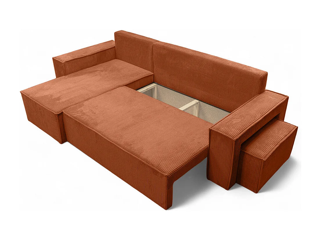 Canapé FARAH d'angle réversible et convertible 4 places avec un pouf en velours côtelé - Terracotta