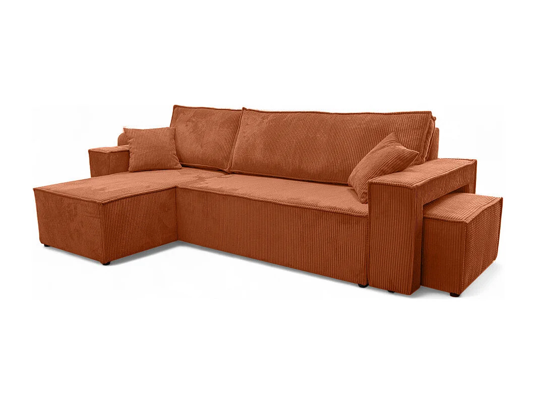 Canapé FARAH d'angle réversible et convertible 4 places avec un pouf en velours côtelé - Terracotta