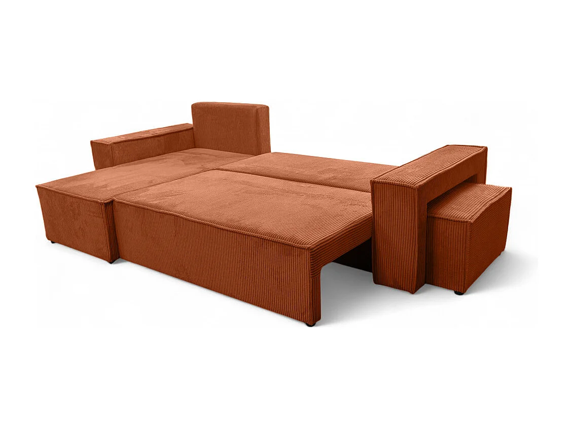 Canapé FARAH d'angle réversible et convertible 4 places avec un pouf en velours côtelé - Terracotta