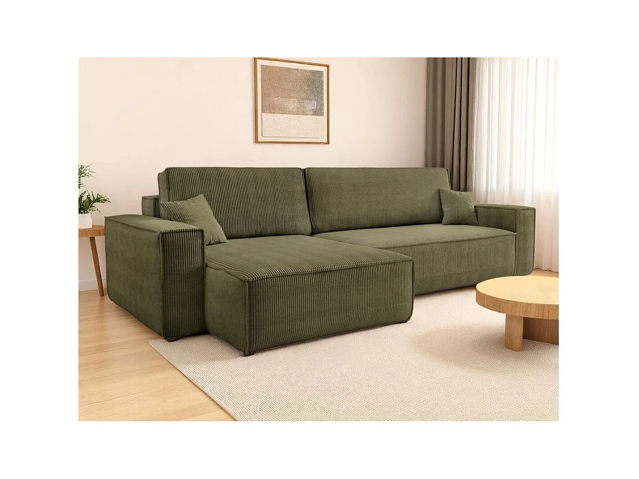 Canapé FARAH d'angle max réversible et convertible 5 places en velours côtelé - Vert kaki