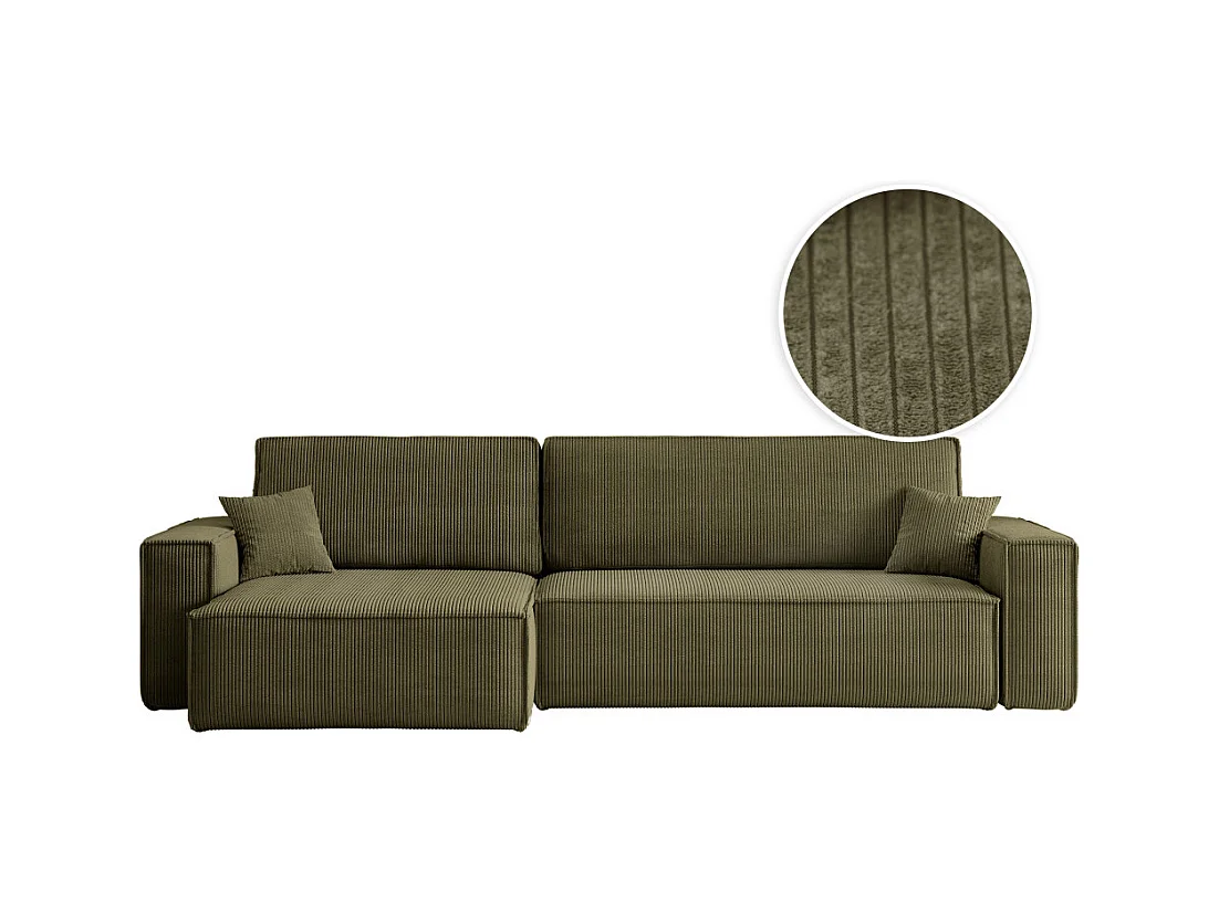 Canapé FARAH d'angle max réversible et convertible 5 places en velours côtelé - Vert kaki