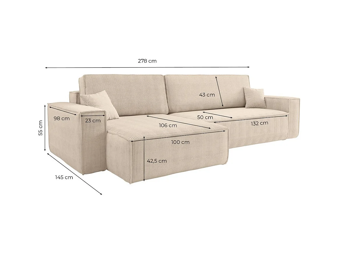 Canapé FARAH d'angle max réversible et convertible 5 places en velours côtelé - Vert kaki