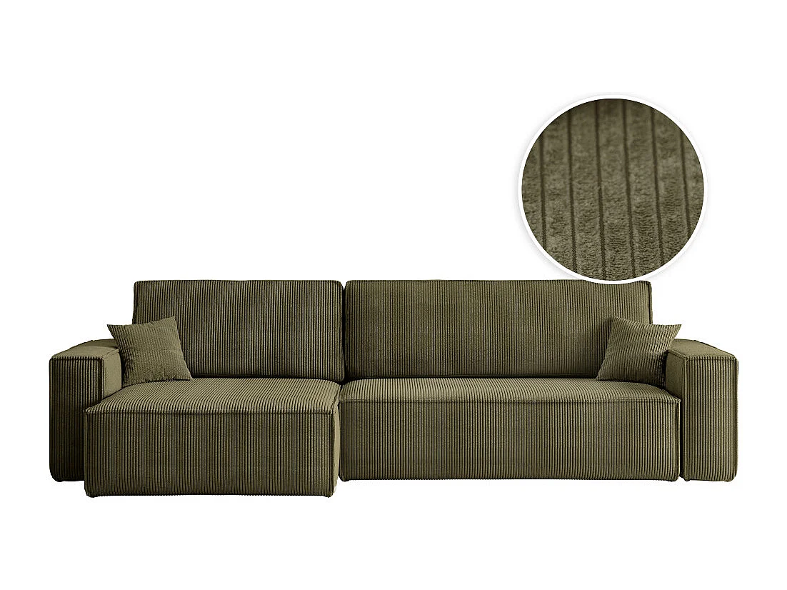 Canapé FARAH d'angle max réversible et convertible 5 places en velours côtelé - Vert kaki