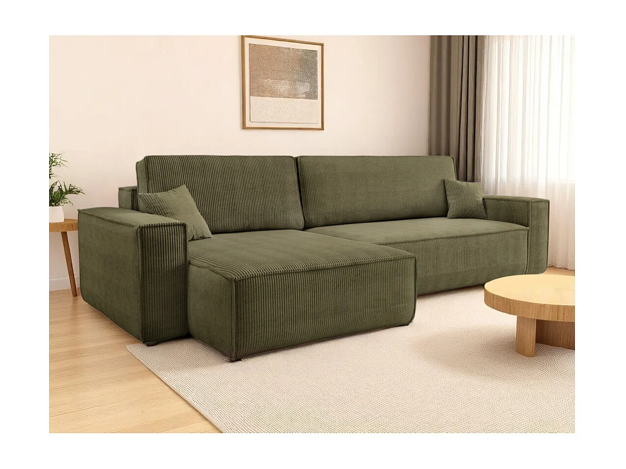 Canapé FARAH d'angle max réversible et convertible 5 places en velours côtelé - Vert kaki