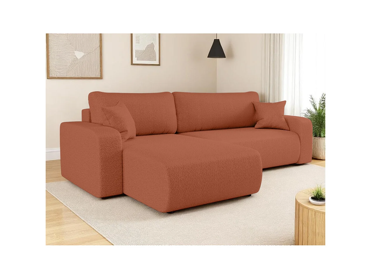 Canapé ALYA d'angle max réversible et convertible 5 places en tissu bouclette - Terracotta