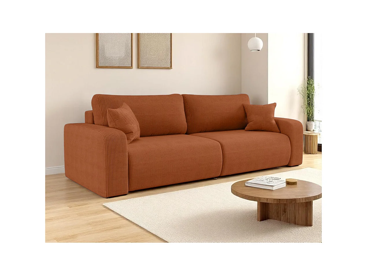 Canapé droit 3 places ALYA convertible en velours côtelé - Terracotta