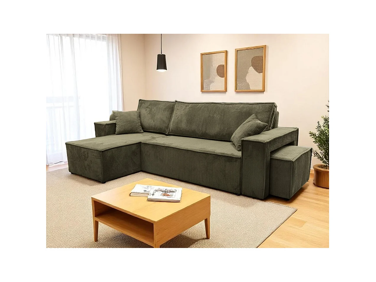 Canapé FARAH d'angle réversible et convertible 4 places avec un pouf en velours côtelé - Vert kaki
