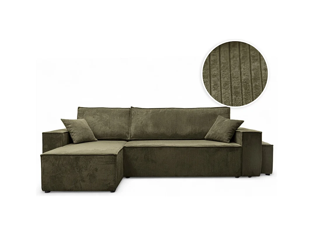 Canapé FARAH d'angle réversible et convertible 4 places avec un pouf en velours côtelé - Vert kaki