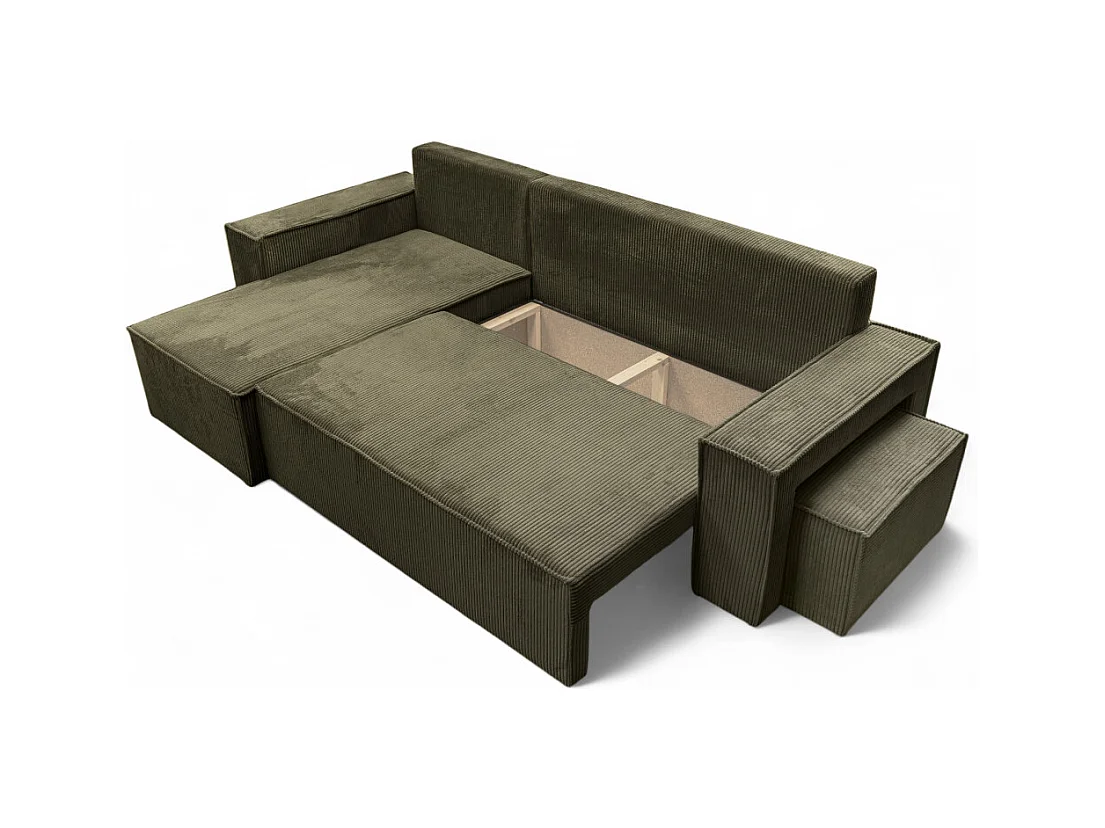 Canapé FARAH d'angle réversible et convertible 4 places avec un pouf en velours côtelé - Vert kaki