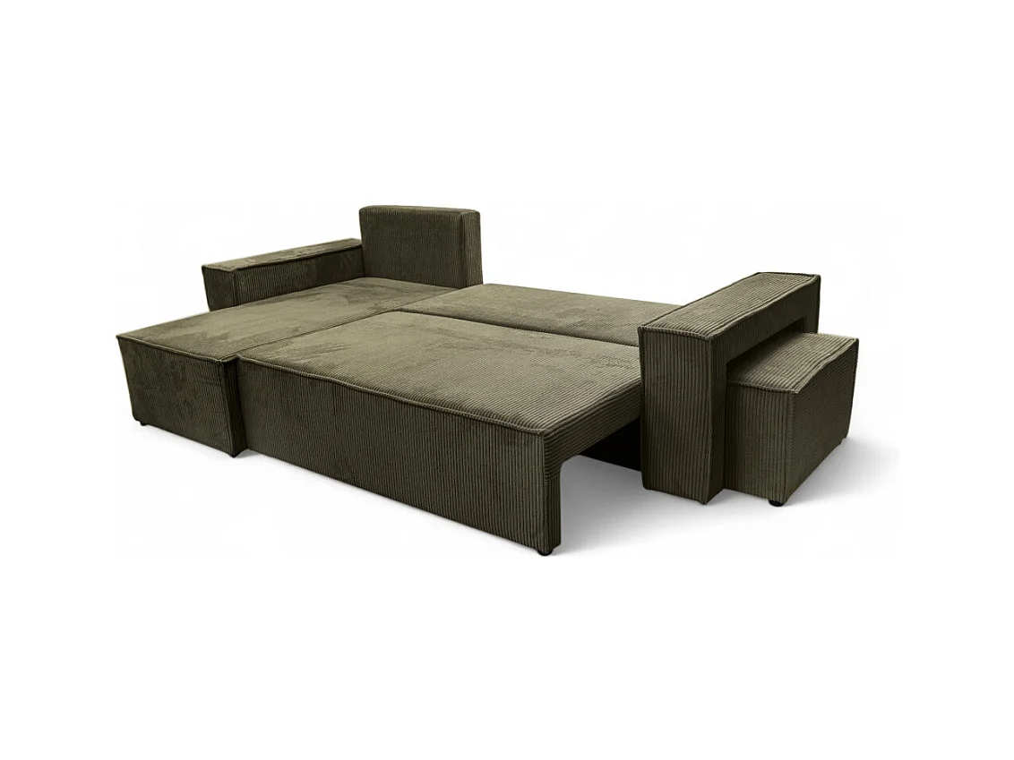 Canapé FARAH d'angle réversible et convertible 4 places avec un pouf en velours côtelé - Vert kaki
