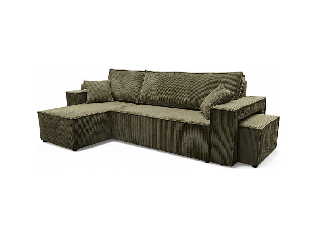 Canapé FARAH d'angle réversible et convertible 4 places avec un pouf en velours côtelé - Vert kaki