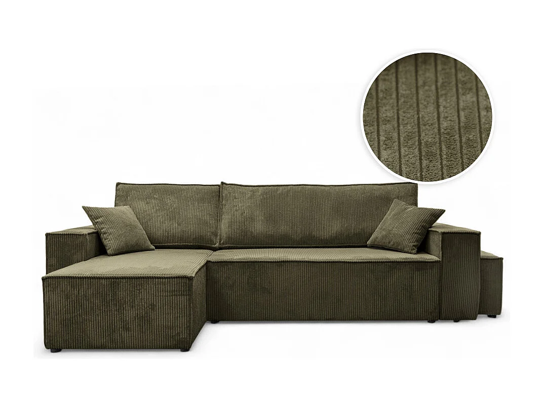 Canapé FARAH d'angle réversible et convertible 4 places avec un pouf en velours côtelé - Vert kaki