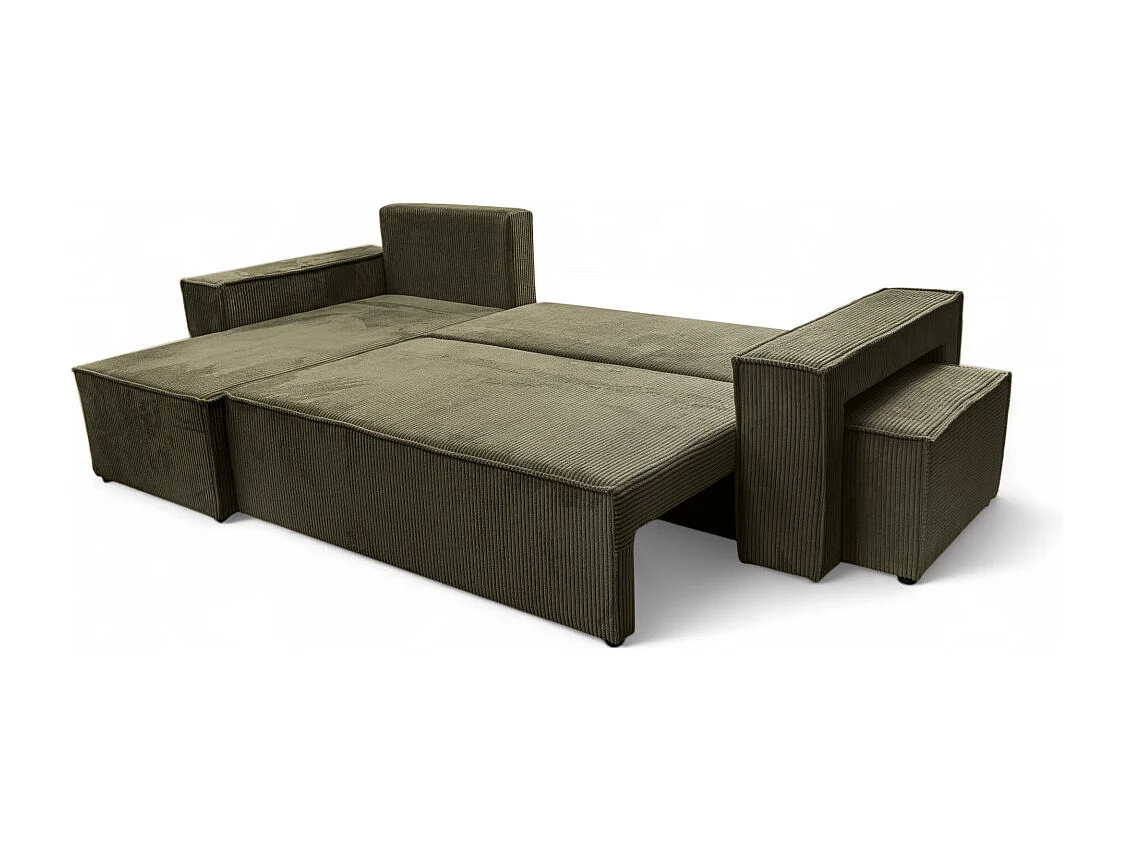 Canapé FARAH d'angle réversible et convertible 4 places avec un pouf en velours côtelé - Vert kaki