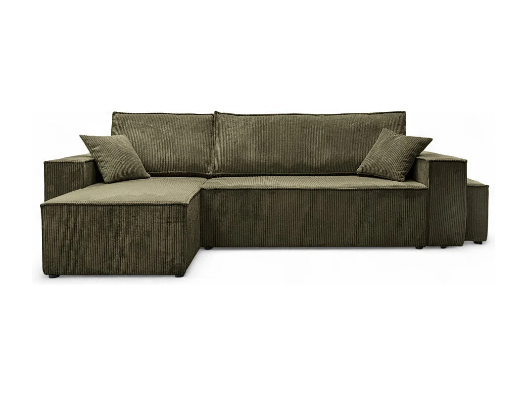 Canapé FARAH d'angle réversible et convertible 4 places avec un pouf en velours côtelé - Vert kaki