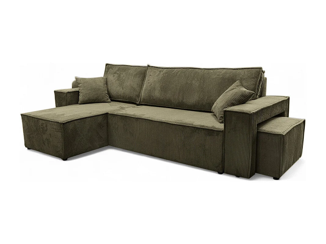 Canapé FARAH d'angle réversible et convertible 4 places avec un pouf en velours côtelé - Vert kaki
